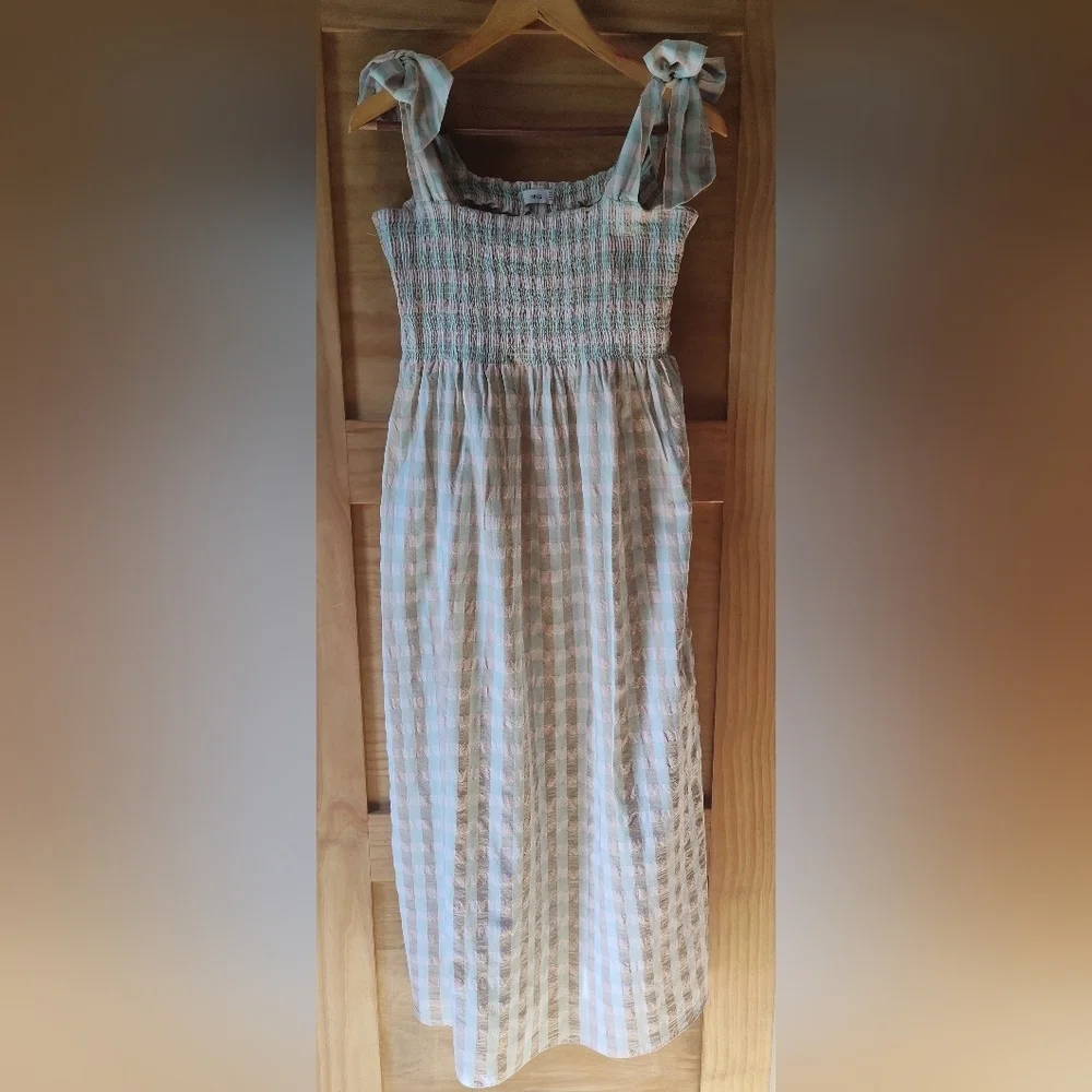 Mango Women's Shirred Searsucker Sundress | Sage Gingham | Medium - Picture 3 of 7